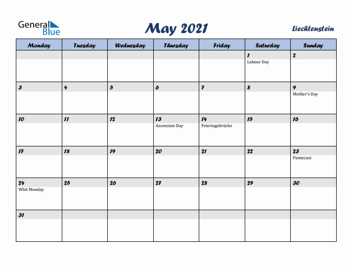 May 2021 Calendar with Holidays in Liechtenstein