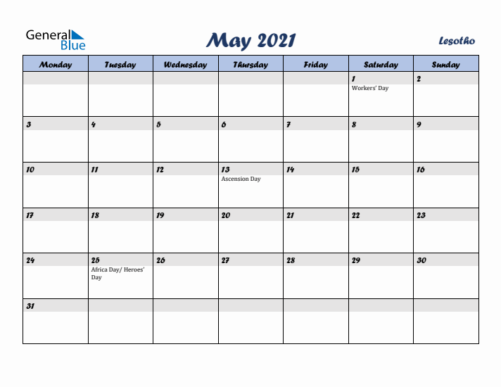 May 2021 Calendar with Holidays in Lesotho
