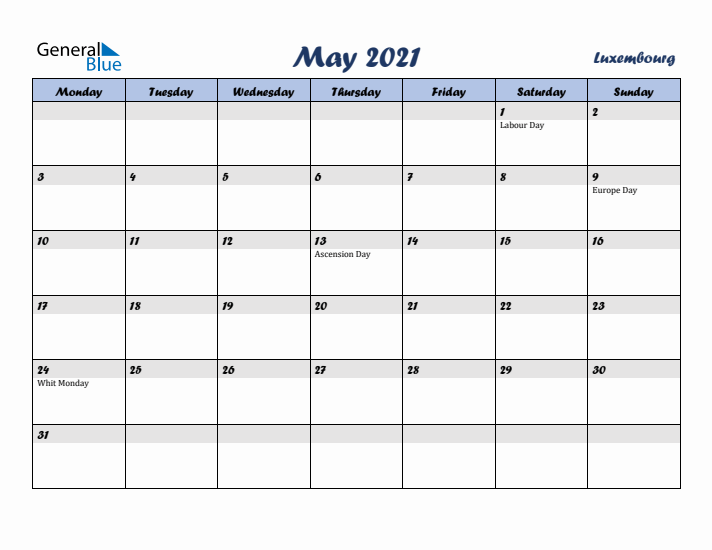May 2021 Calendar with Holidays in Luxembourg