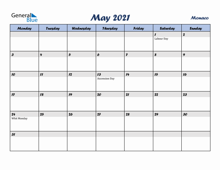 May 2021 Calendar with Holidays in Monaco