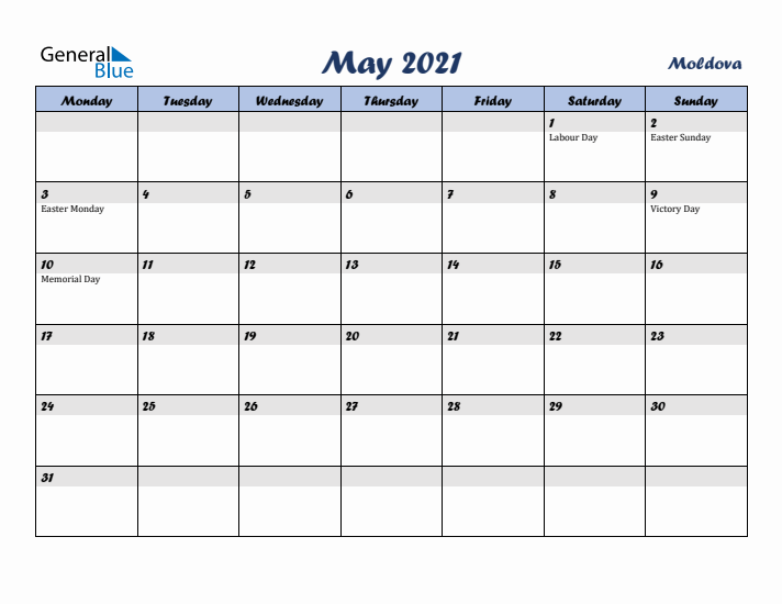 May 2021 Calendar with Holidays in Moldova
