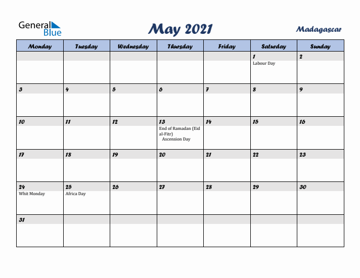 May 2021 Calendar with Holidays in Madagascar