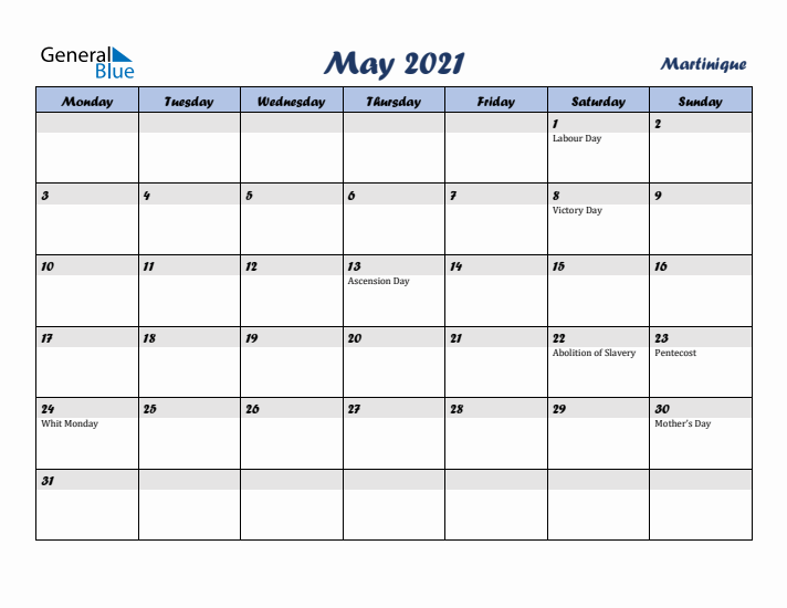 May 2021 Calendar with Holidays in Martinique