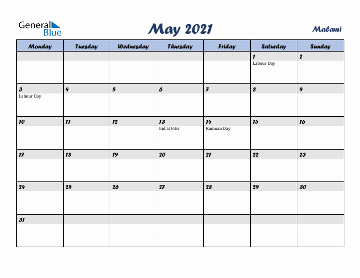 May 2021 Calendar with Holidays in Malawi