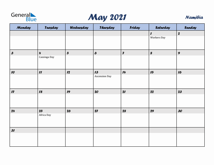 May 2021 Calendar with Holidays in Namibia