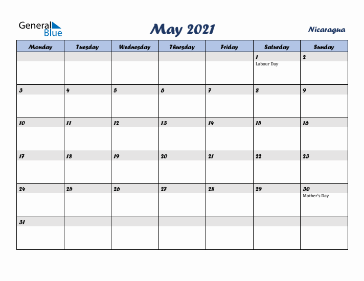 May 2021 Calendar with Holidays in Nicaragua