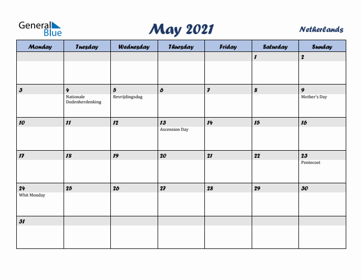 May 2021 Calendar with Holidays in The Netherlands