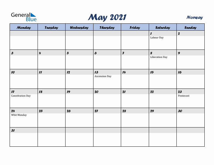 May 2021 Calendar with Holidays in Norway