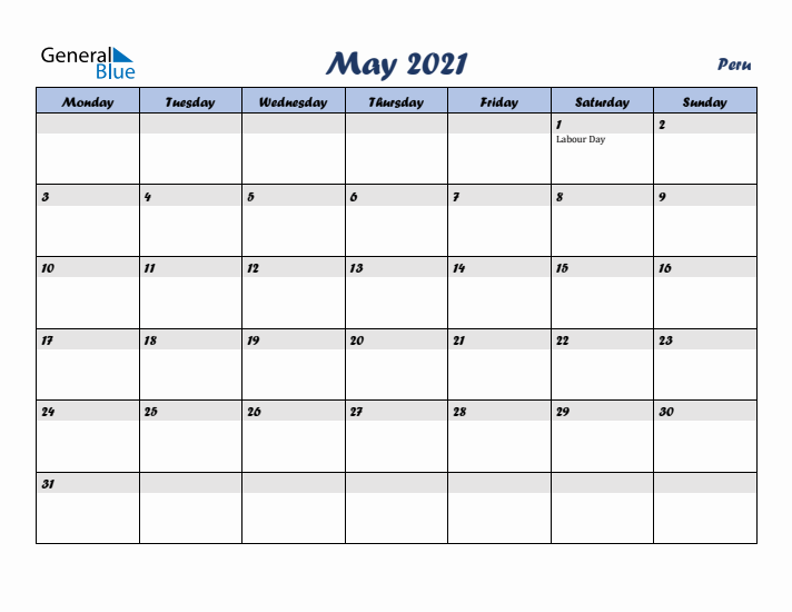 May 2021 Calendar with Holidays in Peru
