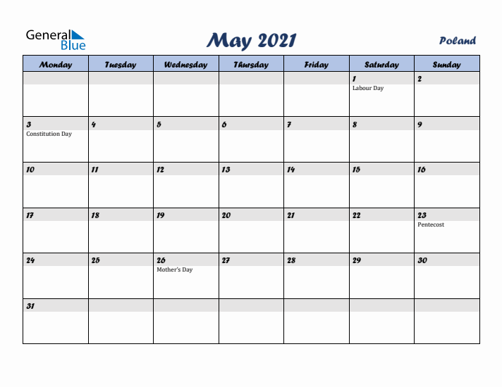 May 2021 Calendar with Holidays in Poland