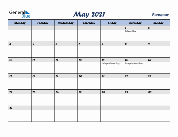 May 2021 Calendar with Holidays in Paraguay