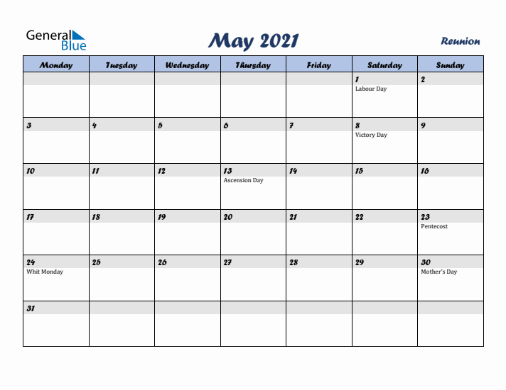 May 2021 Calendar with Holidays in Reunion