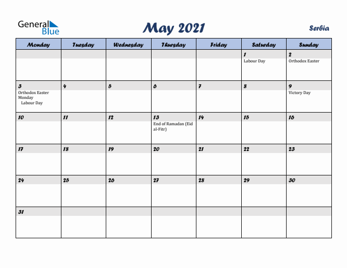 May 2021 Calendar with Holidays in Serbia