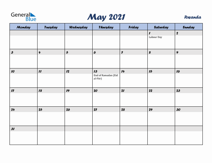 May 2021 Calendar with Holidays in Rwanda