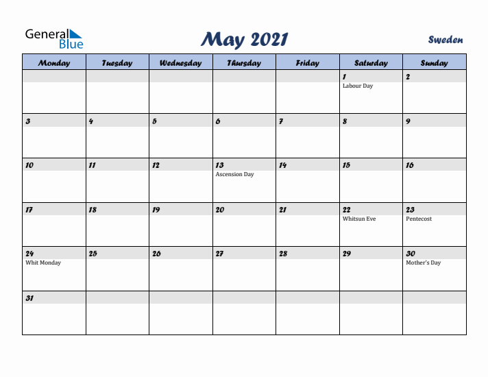 May 2021 Calendar with Holidays in Sweden