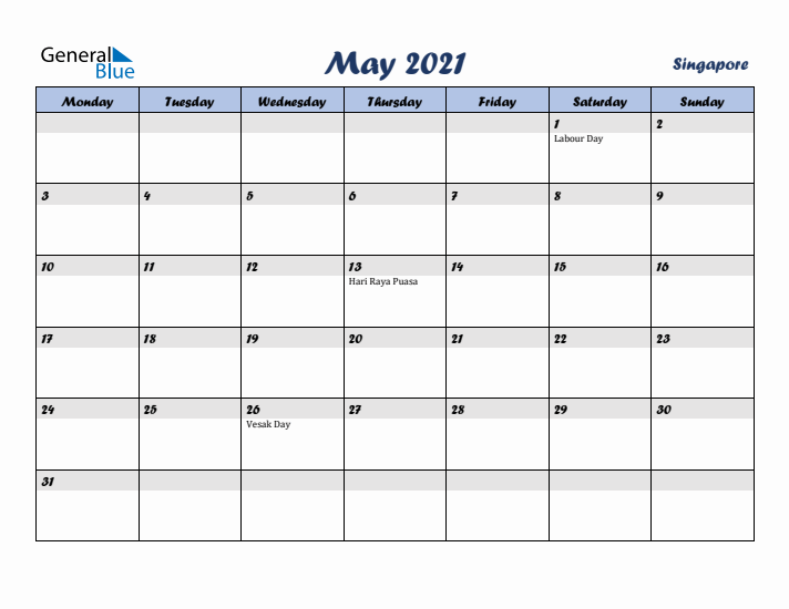May 2021 Calendar with Holidays in Singapore
