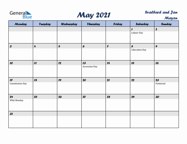 May 2021 Calendar with Holidays in Svalbard and Jan Mayen