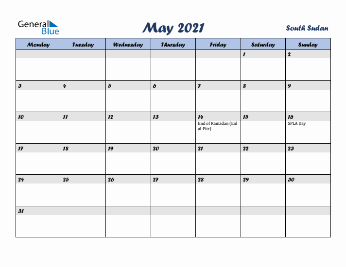 May 2021 Calendar with Holidays in South Sudan