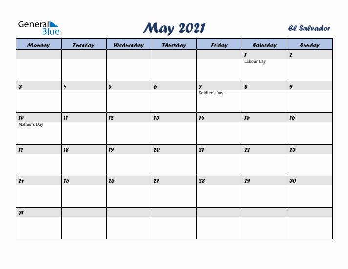 May 2021 Calendar with Holidays in El Salvador