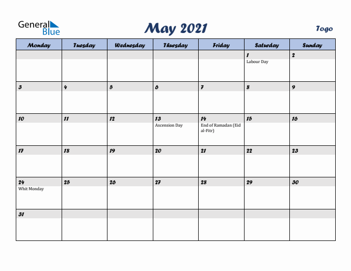 May 2021 Calendar with Holidays in Togo