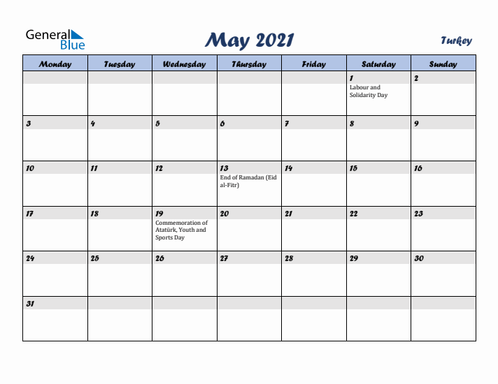 May 2021 Calendar with Holidays in Turkey