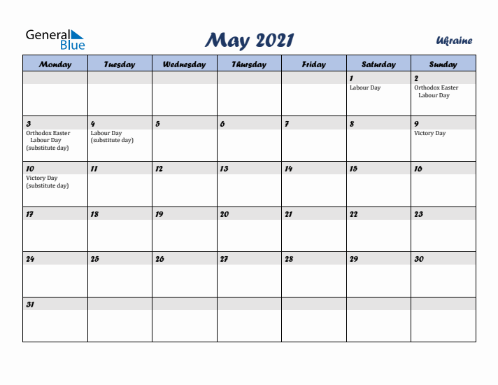 May 2021 Calendar with Holidays in Ukraine