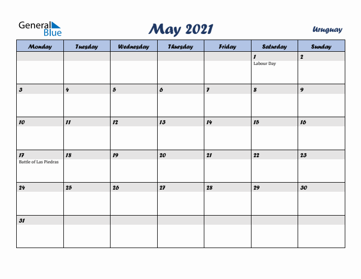 May 2021 Calendar with Holidays in Uruguay