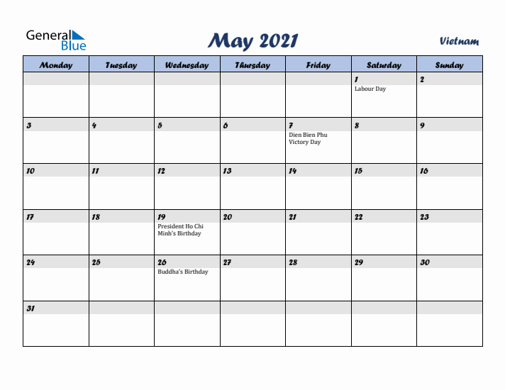 May 2021 Calendar with Holidays in Vietnam