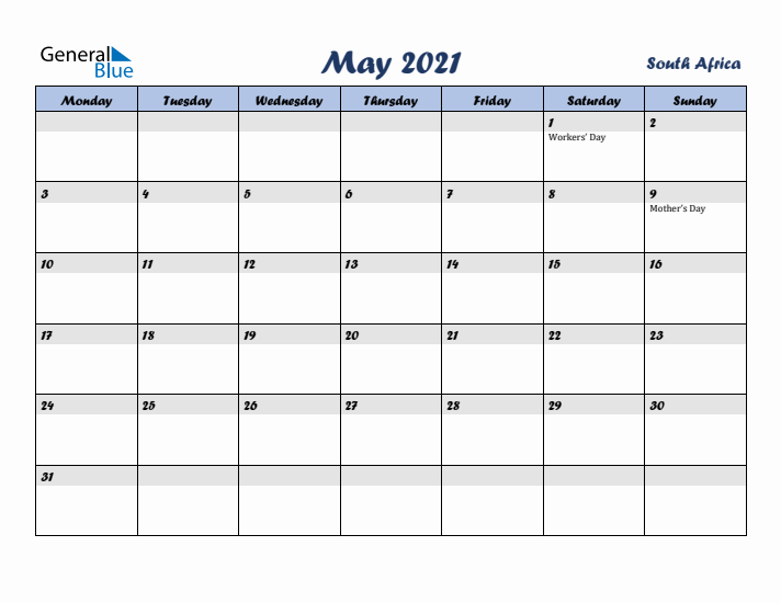 May 2021 Calendar with Holidays in South Africa