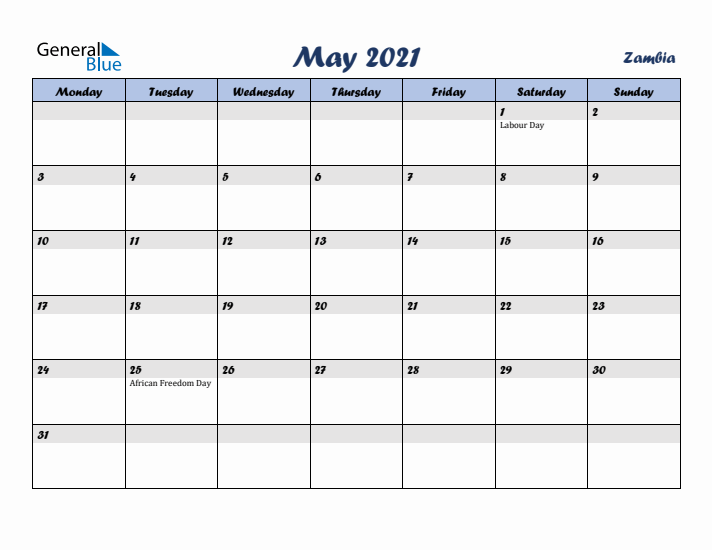 May 2021 Calendar with Holidays in Zambia