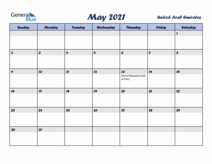 May 2021 Calendar with Holidays in United Arab Emirates