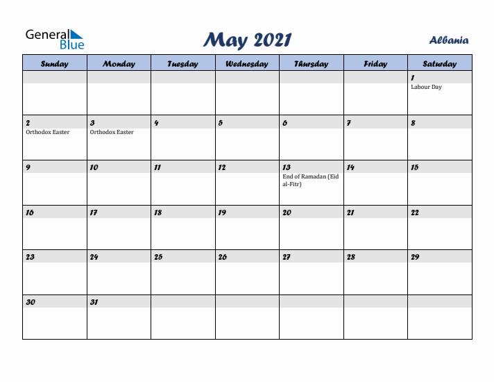 May 2021 Calendar with Holidays in Albania