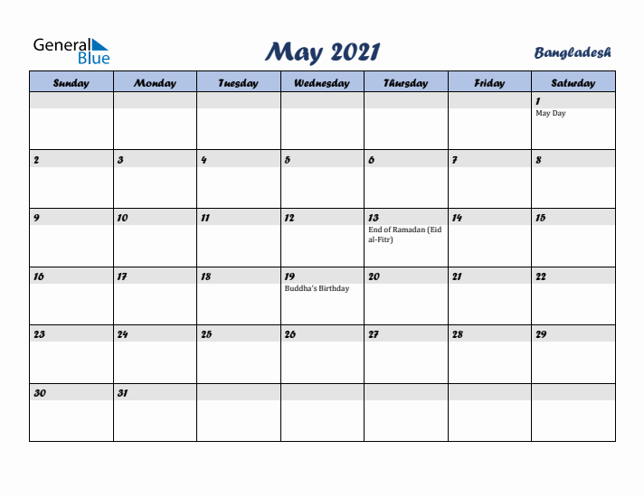 May 2021 Calendar with Holidays in Bangladesh