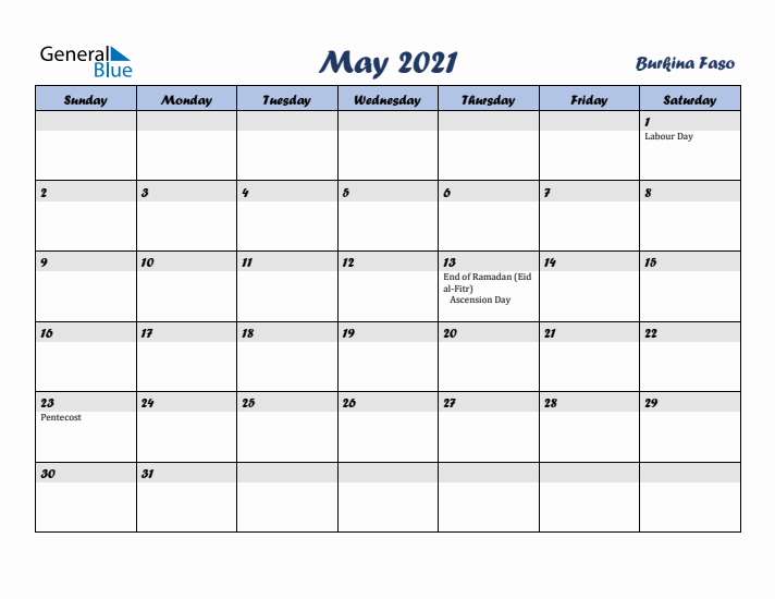 May 2021 Calendar with Holidays in Burkina Faso