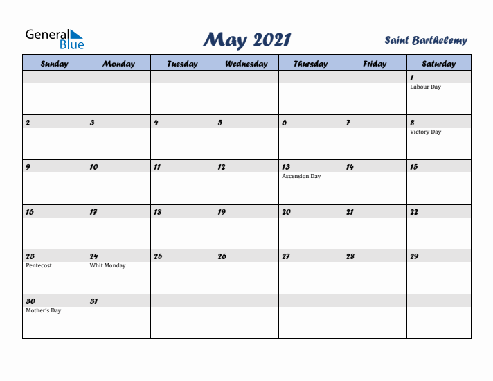 May 2021 Calendar with Holidays in Saint Barthelemy