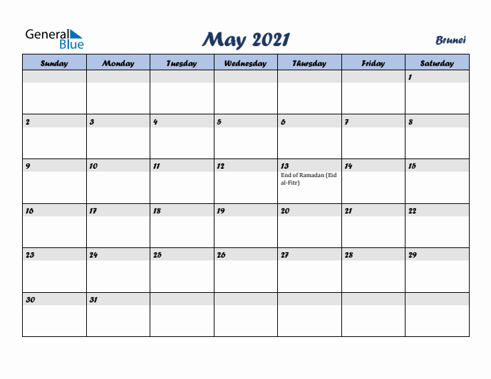 May 2021 Calendar with Holidays in Brunei