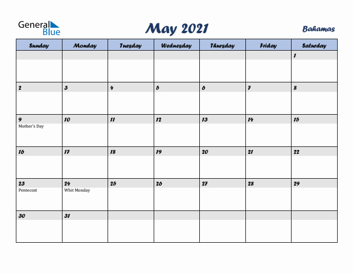 May 2021 Calendar with Holidays in Bahamas