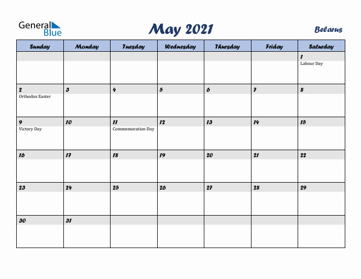 May 2021 Calendar with Holidays in Belarus
