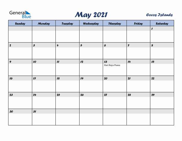 May 2021 Calendar with Holidays in Cocos Islands