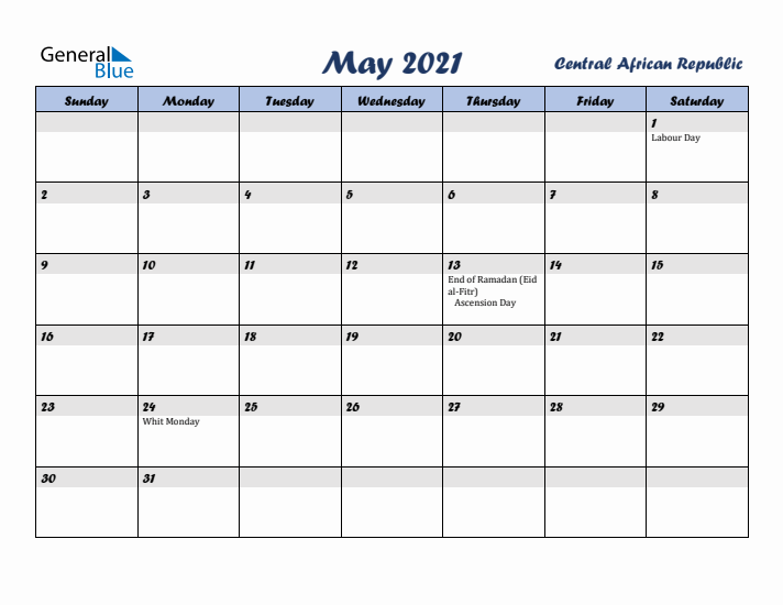 May 2021 Calendar with Holidays in Central African Republic