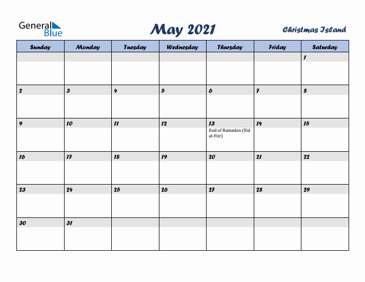 May 2021 Calendar with Holidays in Christmas Island