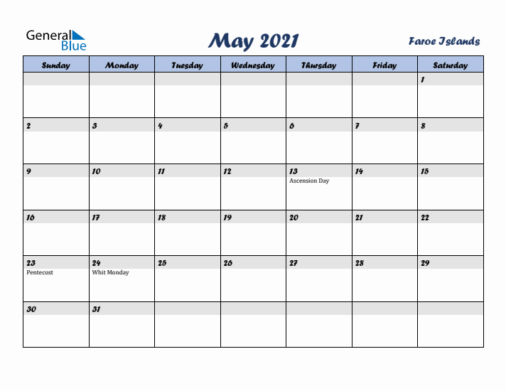 May 2021 Calendar with Holidays in Faroe Islands