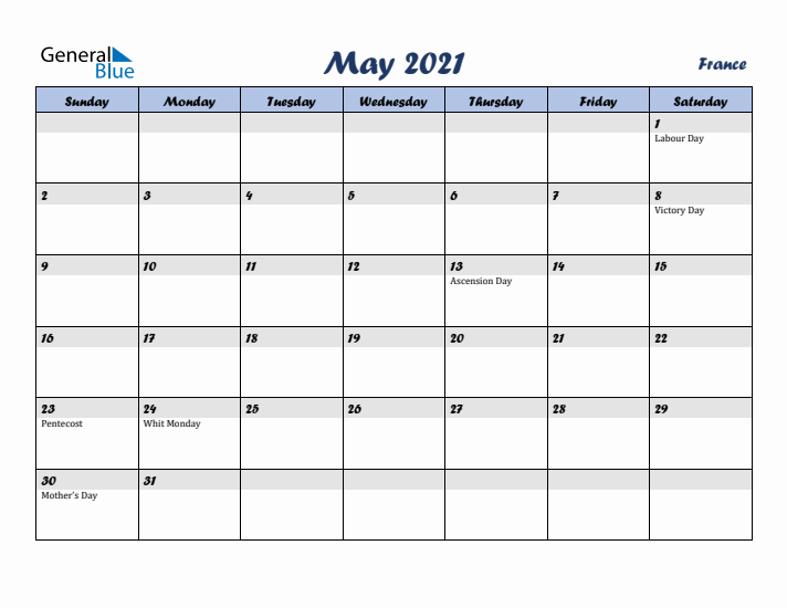 May 2021 Calendar with Holidays in France