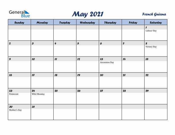 May 2021 Calendar with Holidays in French Guiana