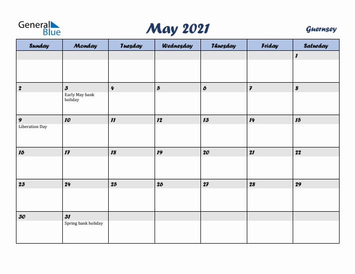 May 2021 Calendar with Holidays in Guernsey