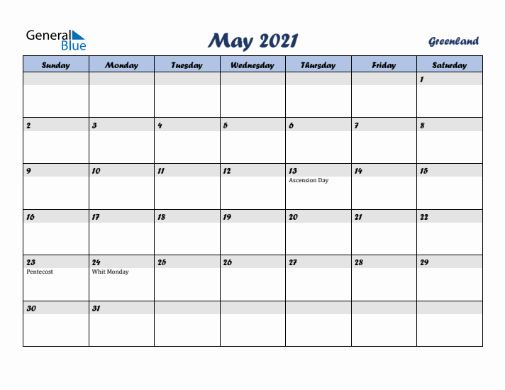 May 2021 Calendar with Holidays in Greenland
