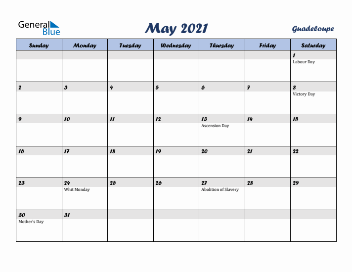 May 2021 Calendar with Holidays in Guadeloupe