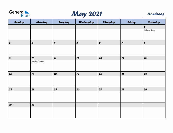 May 2021 Calendar with Holidays in Honduras