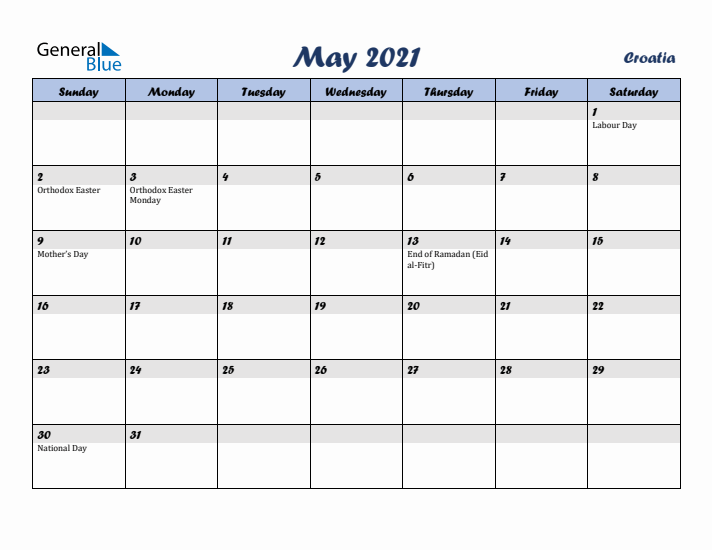 May 2021 Calendar with Holidays in Croatia
