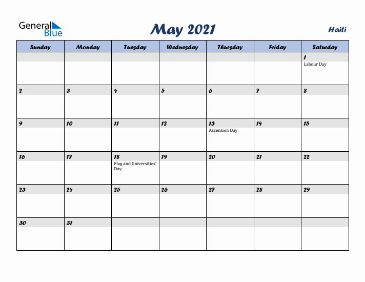 May 2021 Calendar with Holidays in Haiti